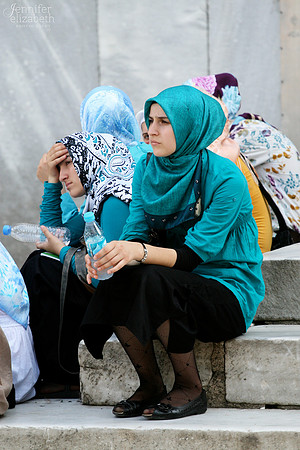 Women outside the Blue Mosque in Istanbul, Turkey